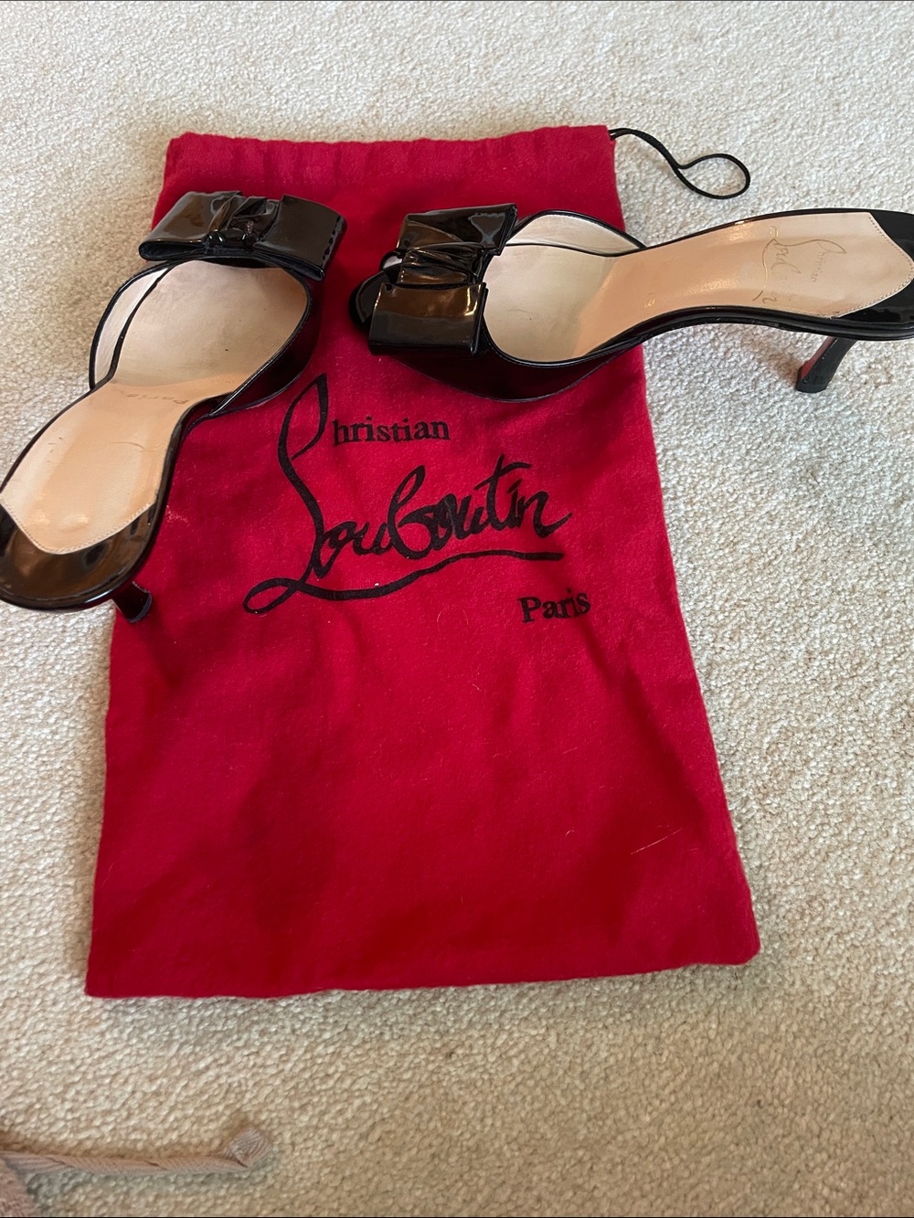 Black Patent Bow Peep-Toe Mules with red soles - Picture 5 of 5